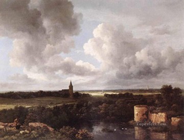 Jacob van Ruisdael Painting - Un extenso paisaje con un castillo en ruinas y una iglesia de pueblo Jacob Isaakszoon van Ruisdael